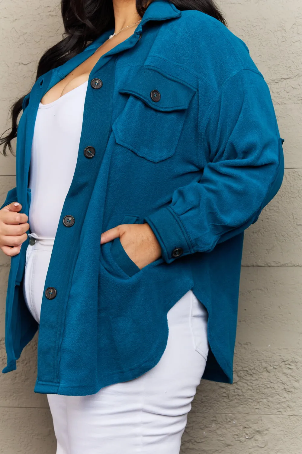 Cozy in the Cabin Fleece Elbow Patch Shacket in Teal