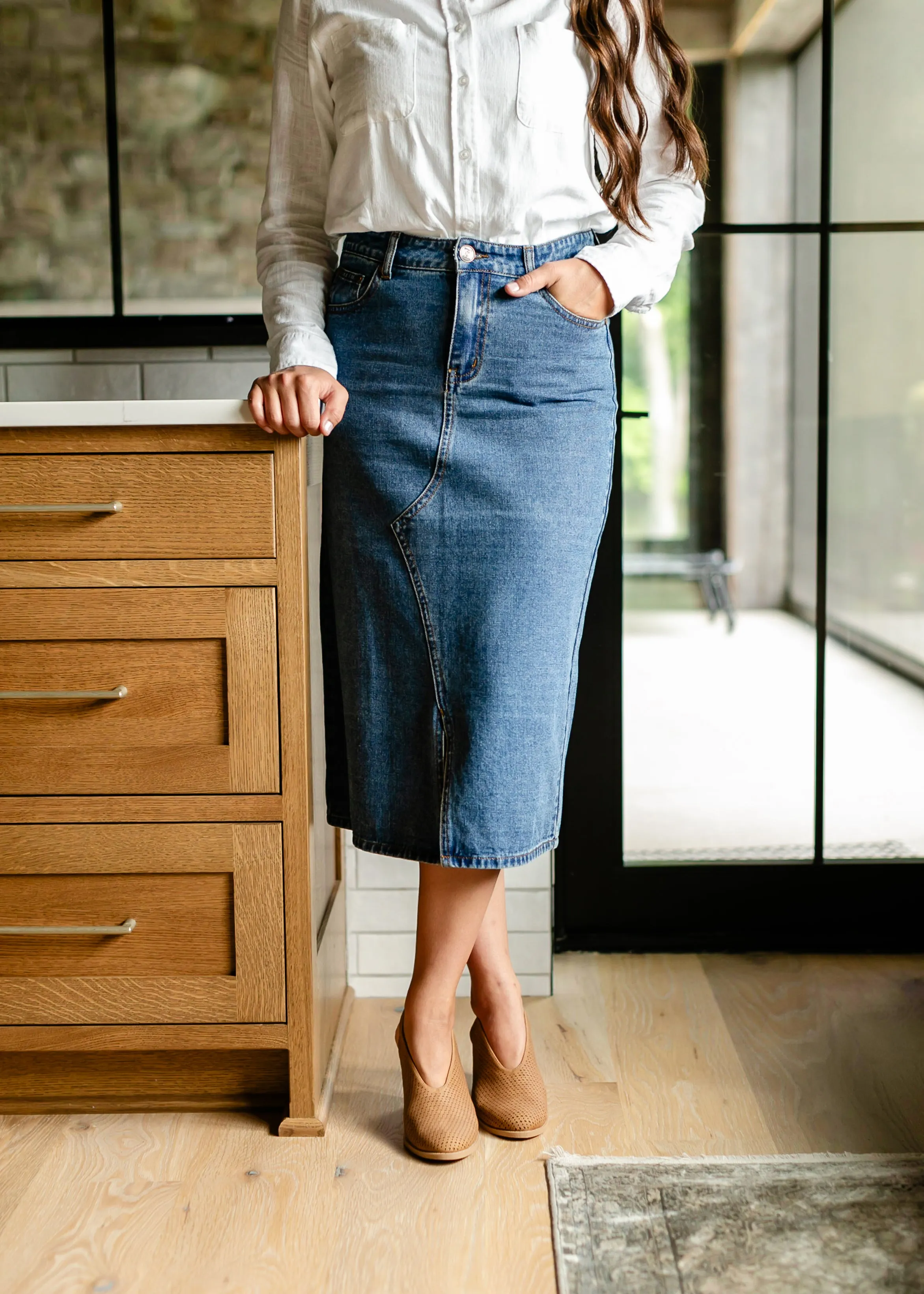 Delaney Medium Wash Denim Midi Skirt - FINAL SALE