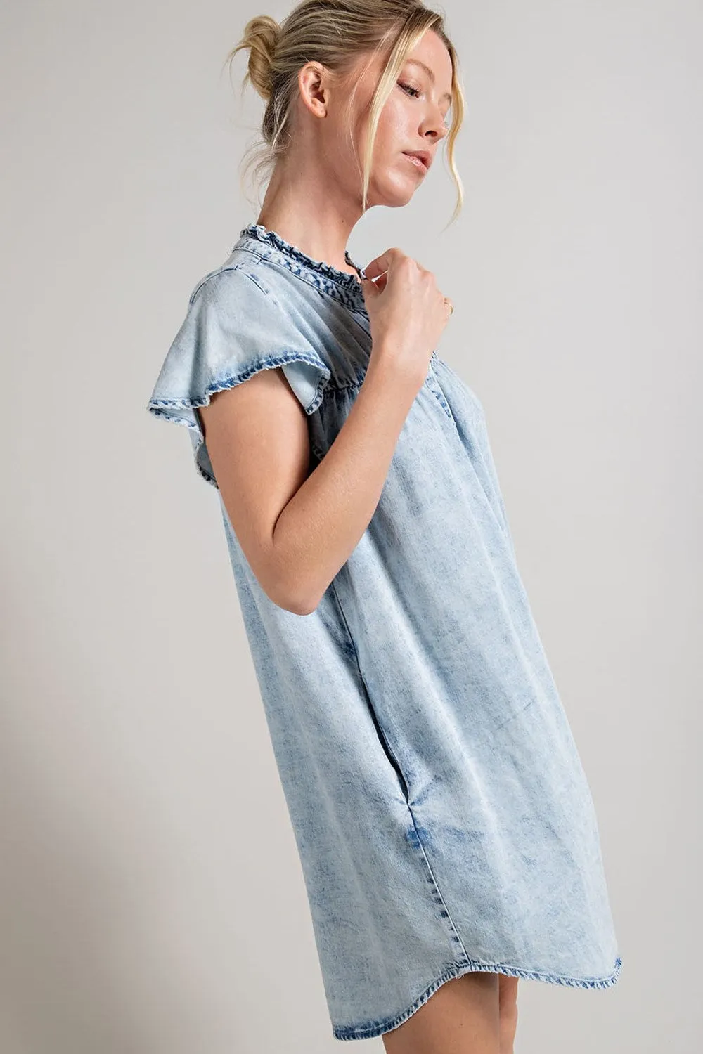 Denim button down ruffle trim mini dress