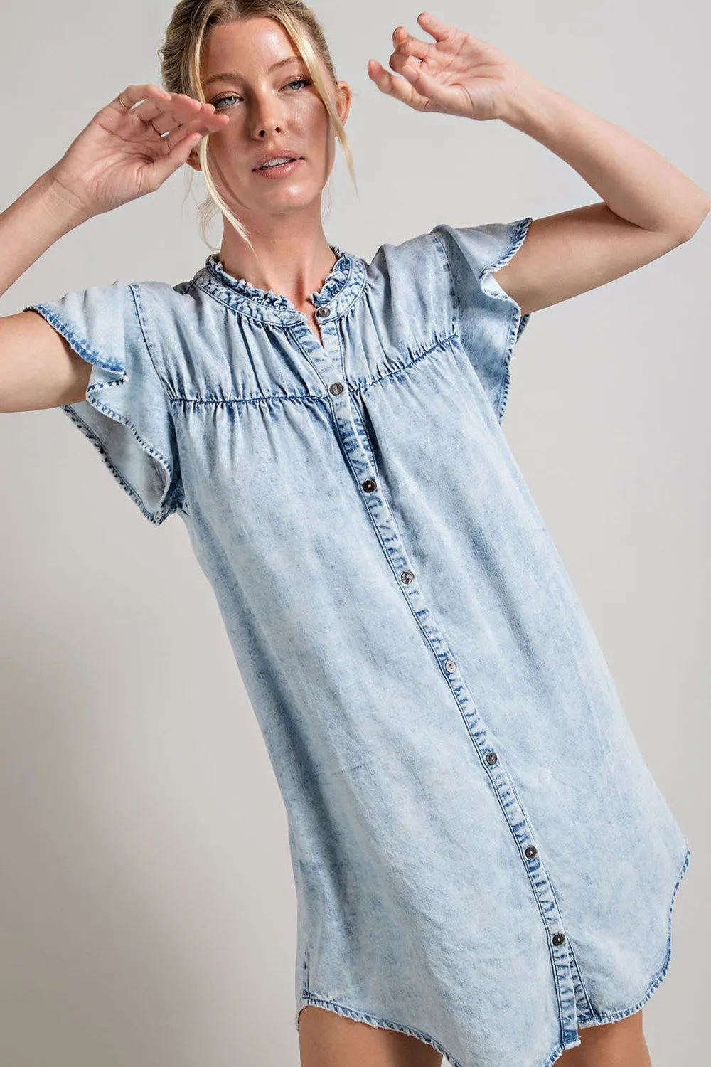 Denim button down ruffle trim mini dress