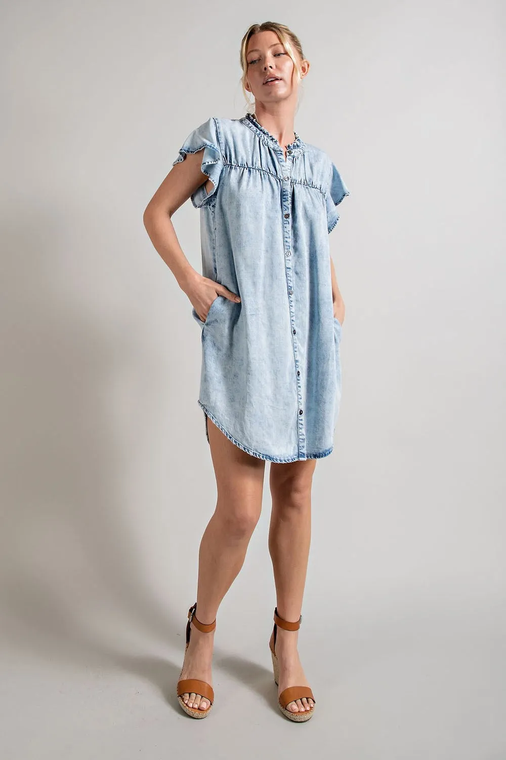 Denim button down ruffle trim mini dress