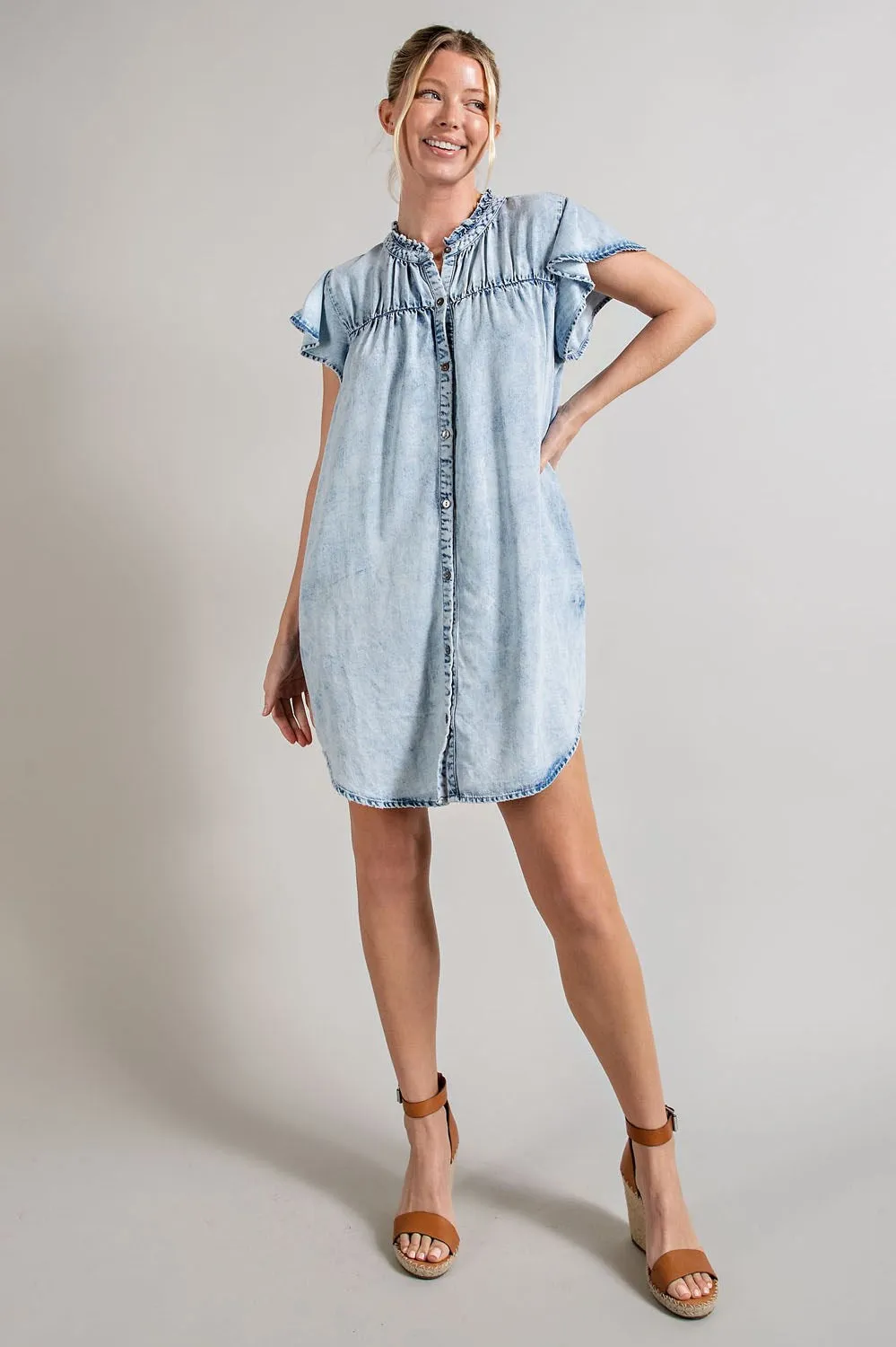 Denim button down ruffle trim mini dress