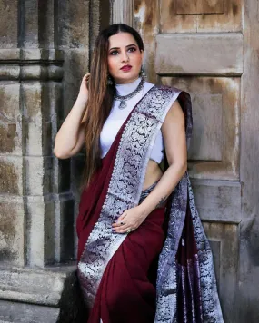 Deserving Wine Soft Banarasi Silk Saree With Attractive Blouse Piece