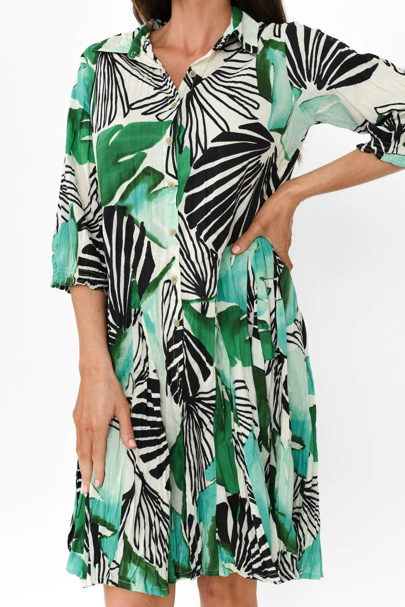 Eason Green Floral Cotton Collared Dress