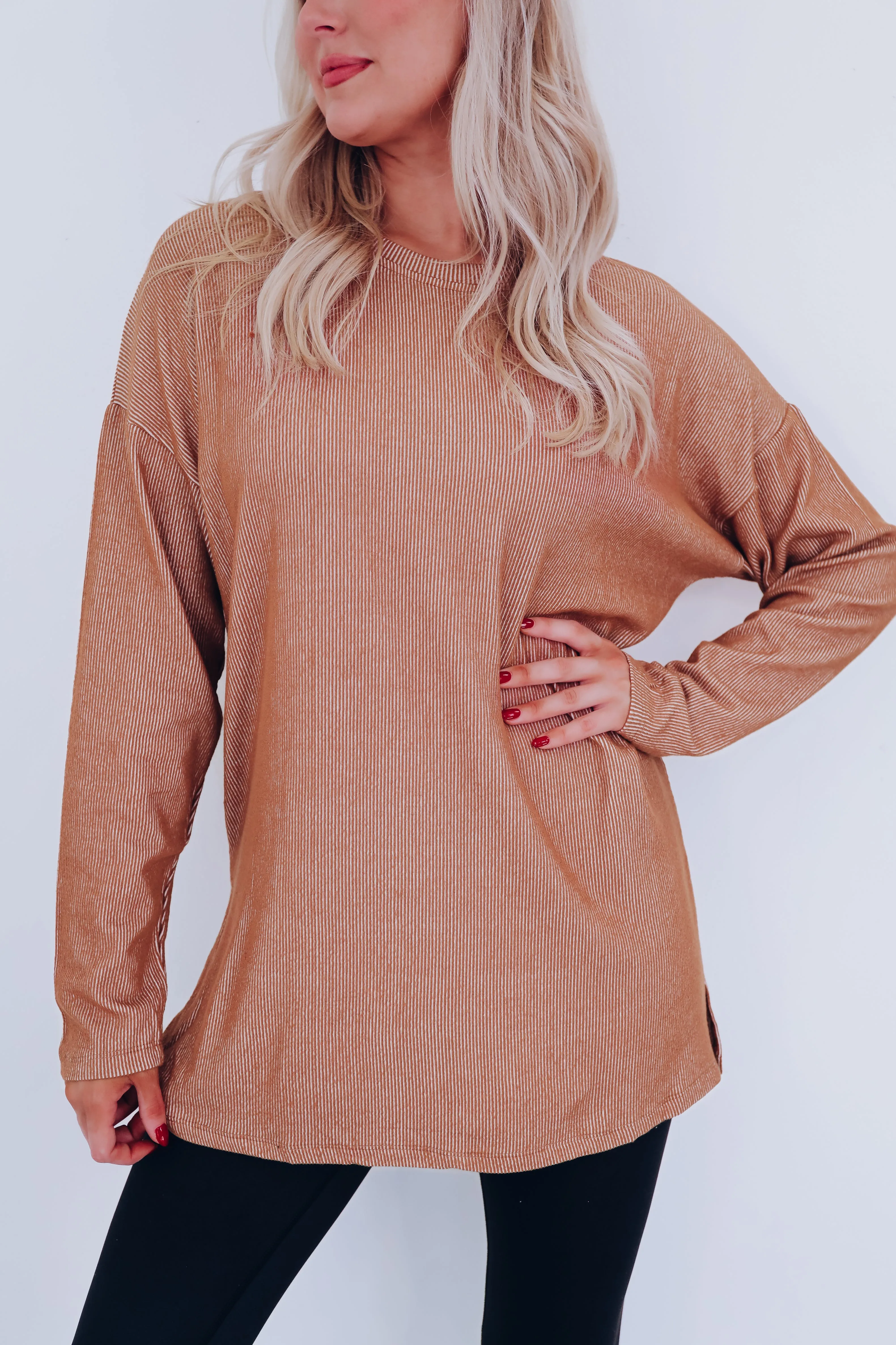 Easy Flow Crew Neck Ribbed Tunic - Brown