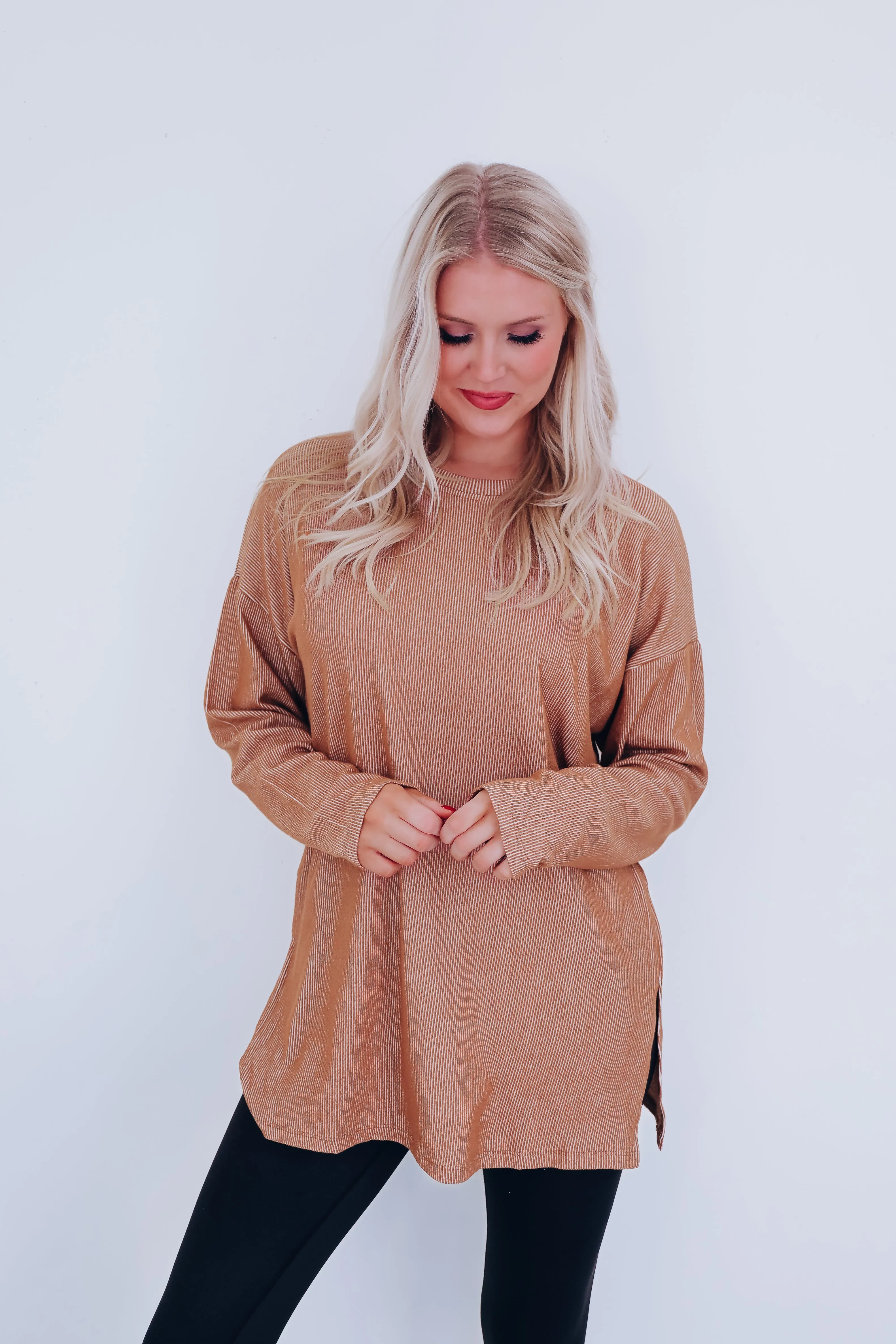 Easy Flow Crew Neck Ribbed Tunic - Brown