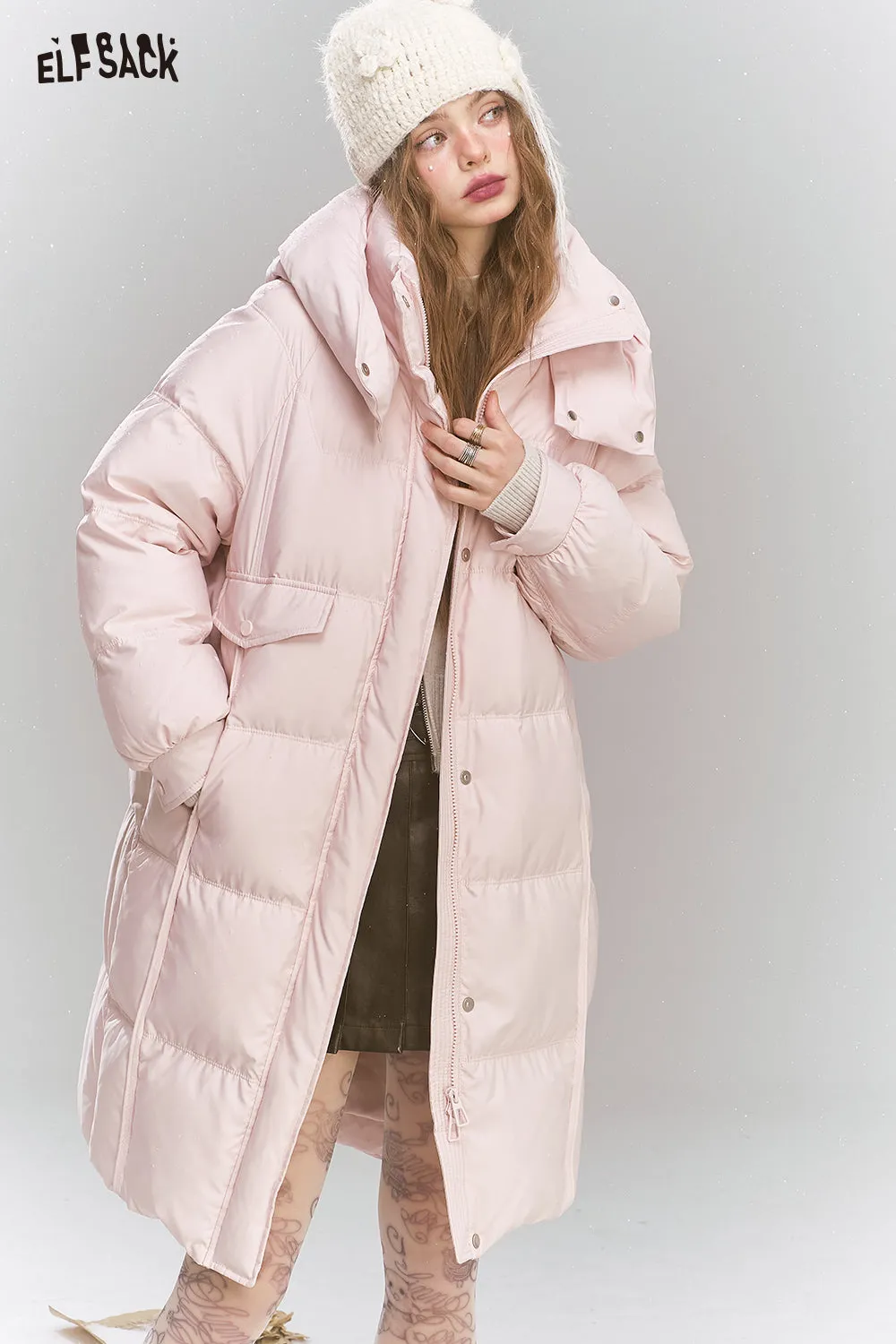 ELFSACK 2024 Winter New Arrivals Sweet Preppy style hooded down jacket for women long warm thick coat