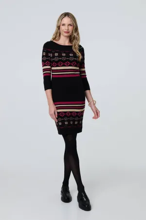 Fair Isle Striped 3/4 Sleeve Short Dress