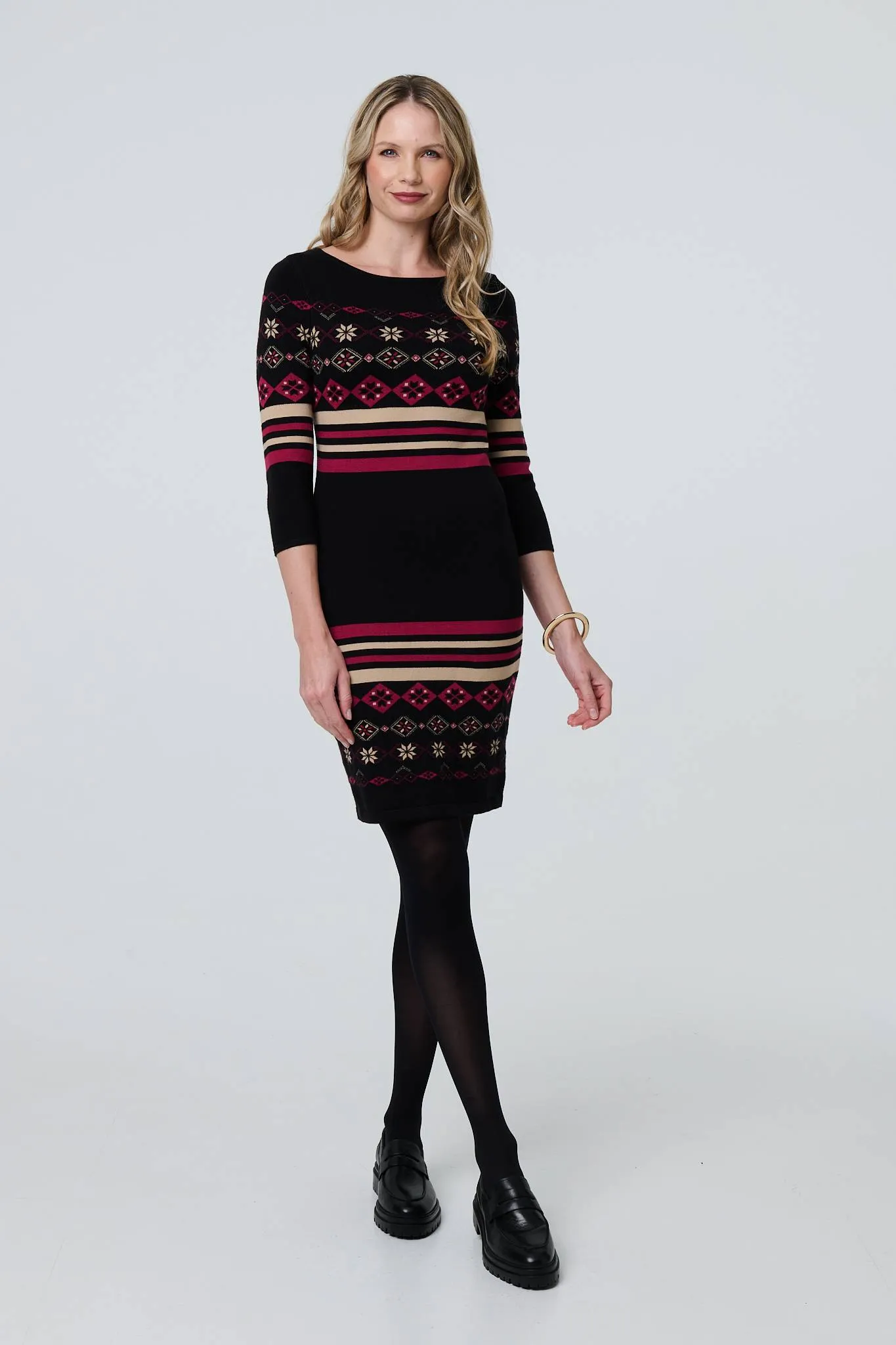 Fair Isle Striped 3/4 Sleeve Short Dress