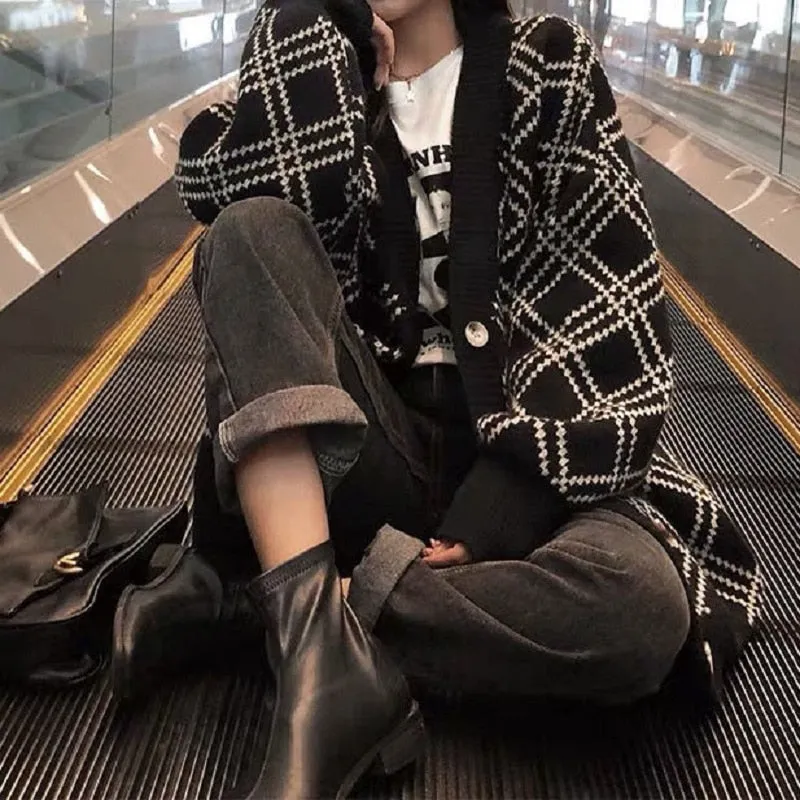 Fashionkova  Korean Style Lazy Wind Knitted Cardigan Sweater Women Autumn Winter Oversize Plaid Jumper Black Long Sleeve Jacket Coat