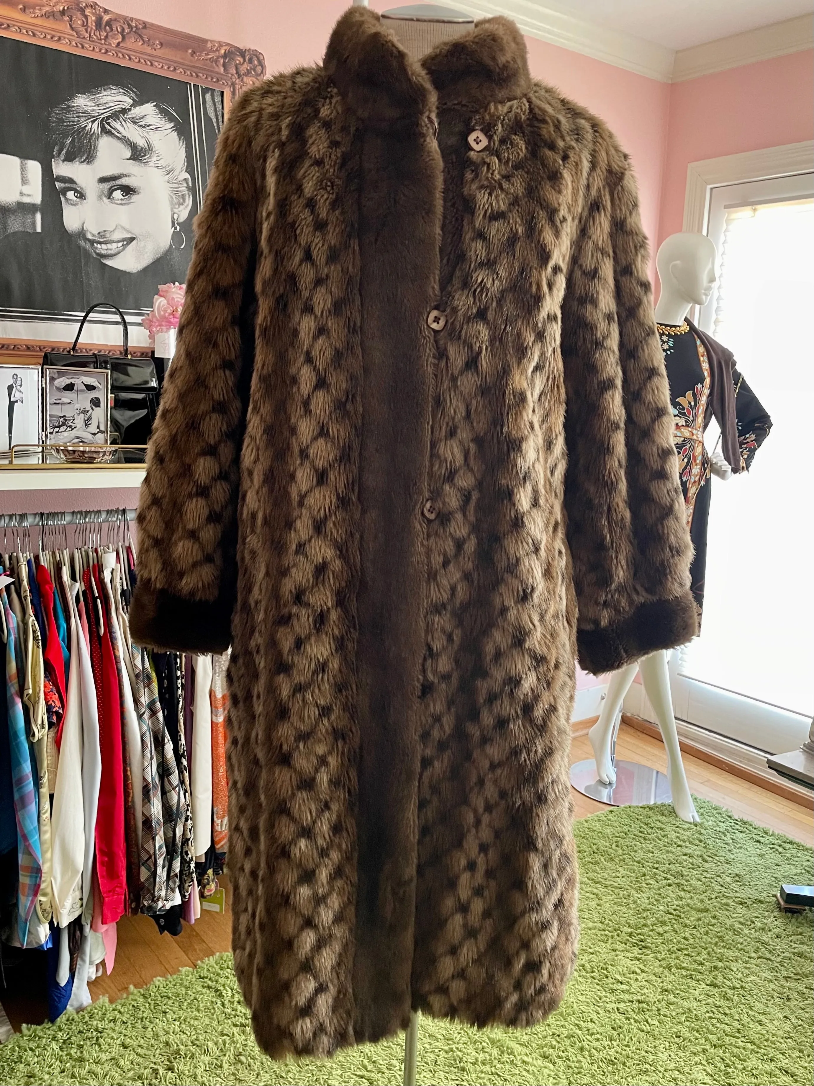 Faux Geometric Pattern Fur Coat