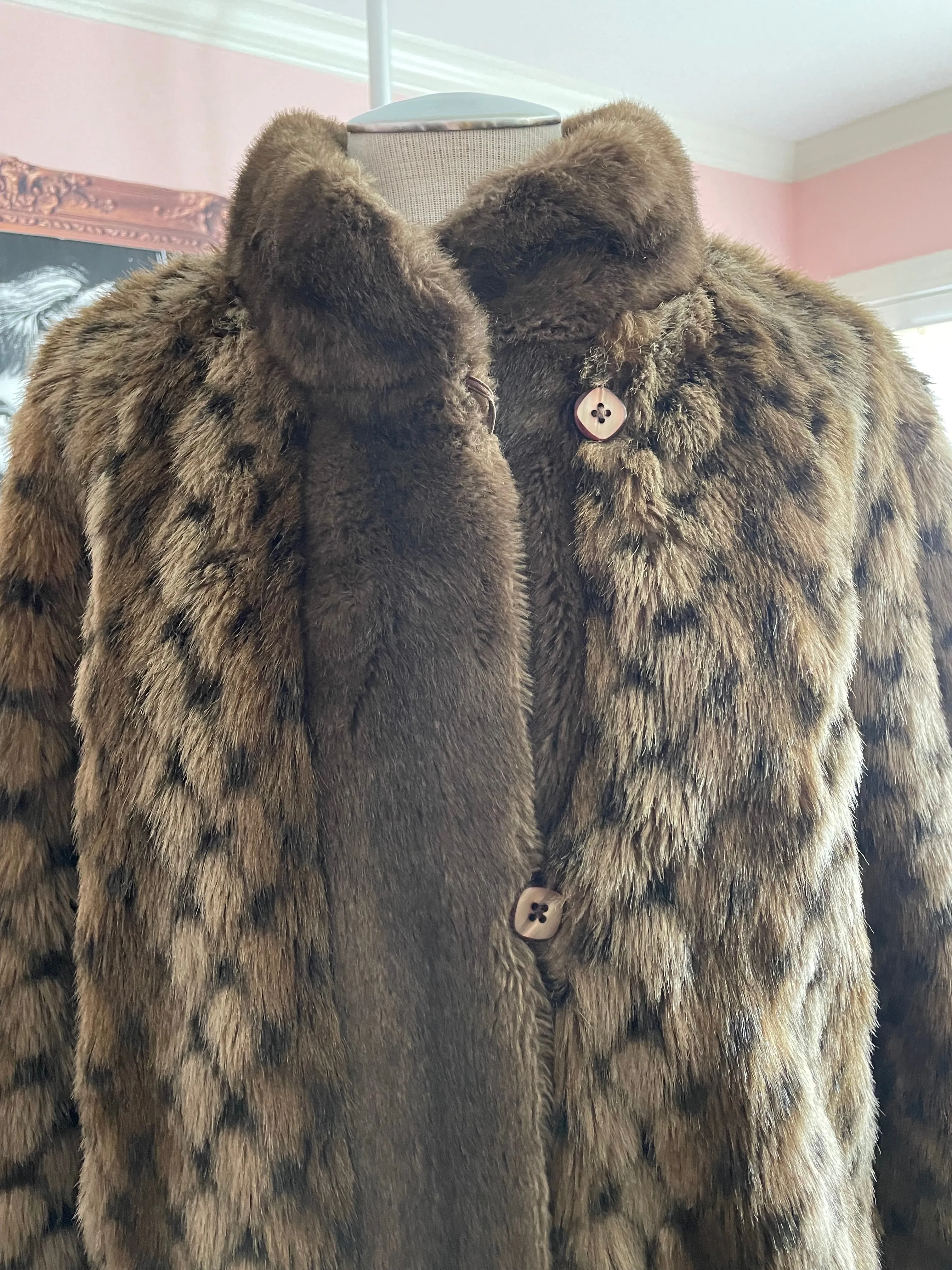 Faux Geometric Pattern Fur Coat