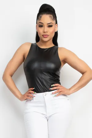 Faux Leather Sleeveless Bodysuit - Ships from The USA