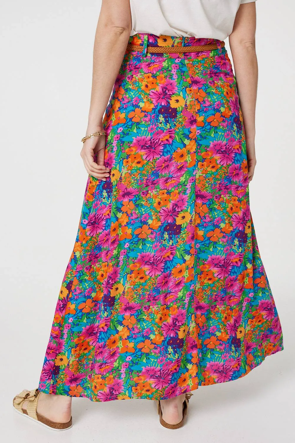 Floral Print Belted A-Line Maxi Skirt