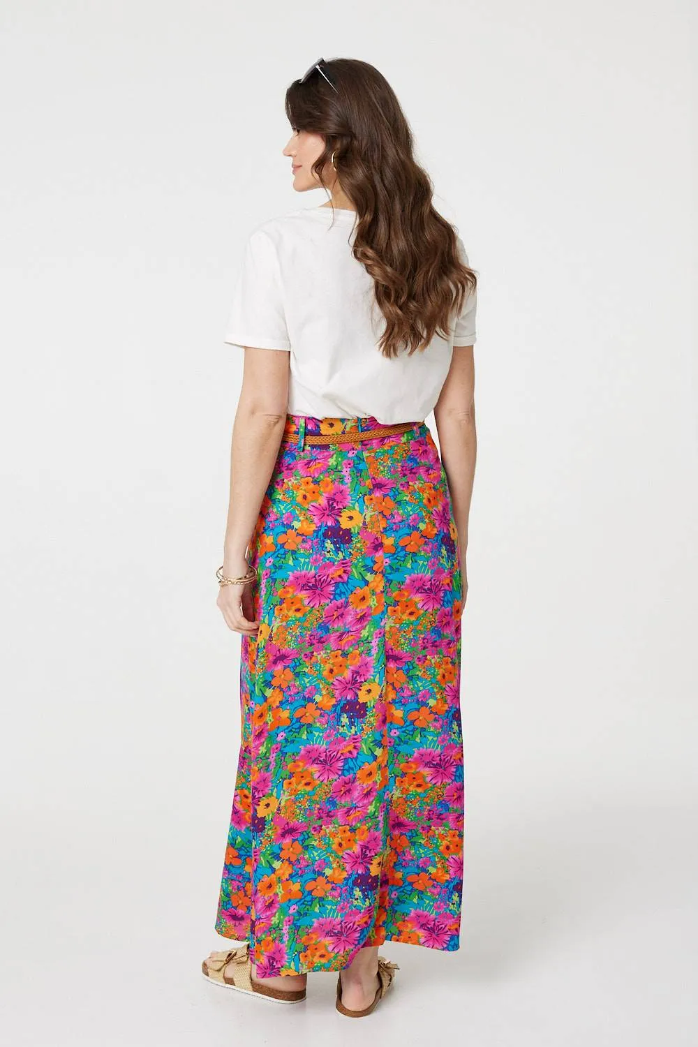 Floral Print Belted A-Line Maxi Skirt