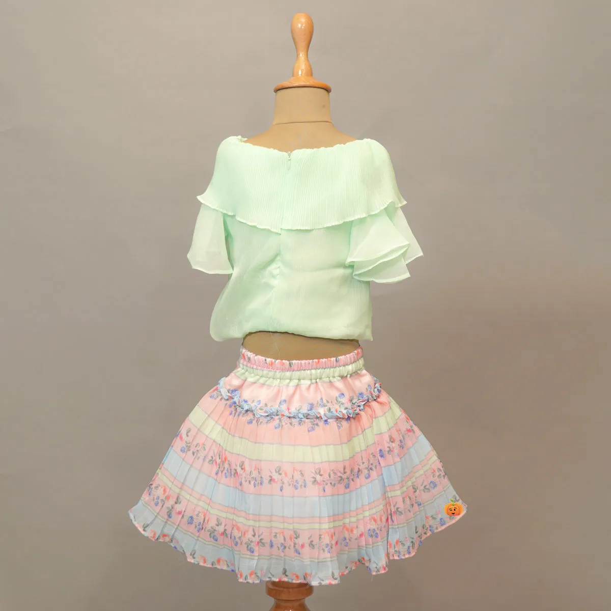 Floral Print Skirt With Ruffle Layered Top For Kids