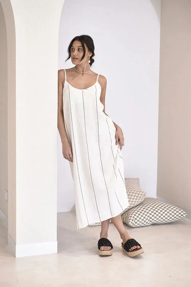 Fundamental Linen Midi Dress White w Charcoal Stripe