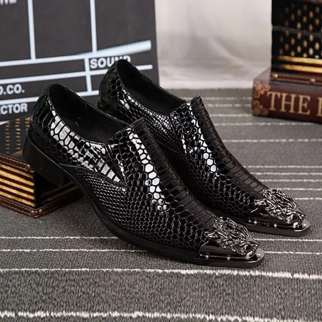 Genuine Leather Dragon Head Pointed Snake Embossed Men Dress Shoes