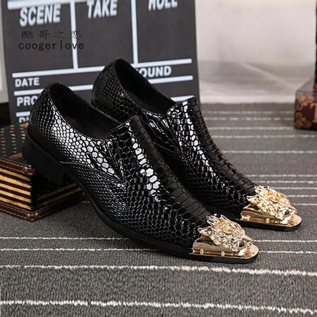 Genuine Leather Dragon Head Pointed Snake Embossed Men Dress Shoes