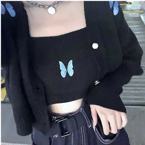 Girlary-shop fall fashion Autumn New Korean Style Preppy Style Butterfly Embroidered Princess Sleeve Short Sling Coat Two-Piece Cardigan for Women