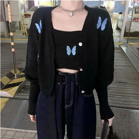 Girlary-shop fall fashion Autumn New Korean Style Preppy Style Butterfly Embroidered Princess Sleeve Short Sling Coat Two-Piece Cardigan for Women