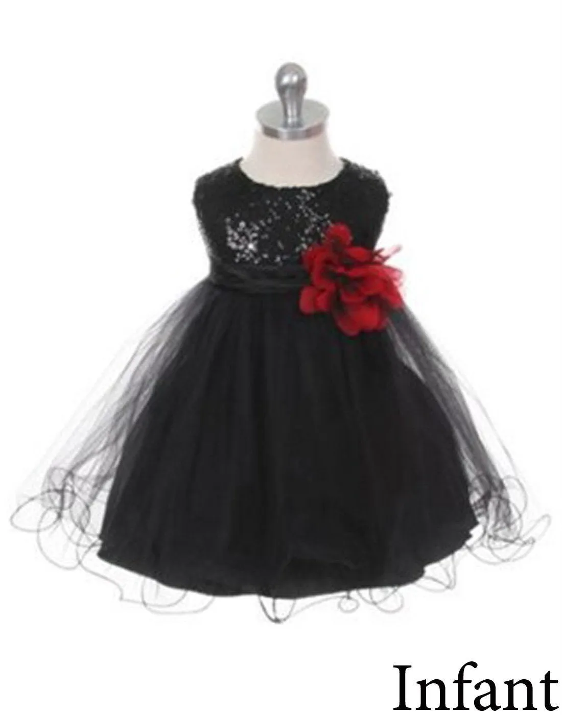 Glittery Sequined Bodice and Double Layered Mesh Dress - Black