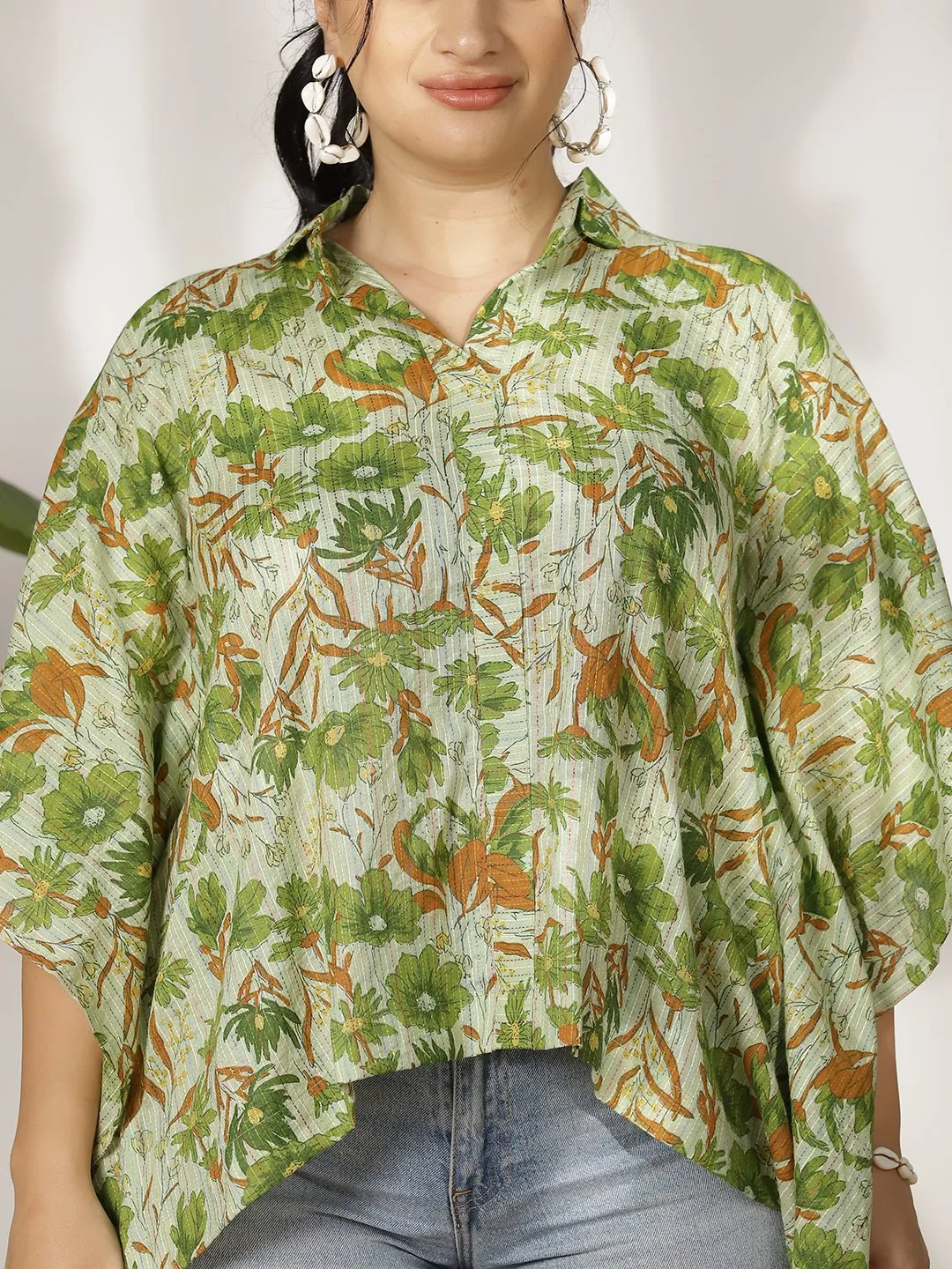 GreenFloral Cotton Kaftan Top