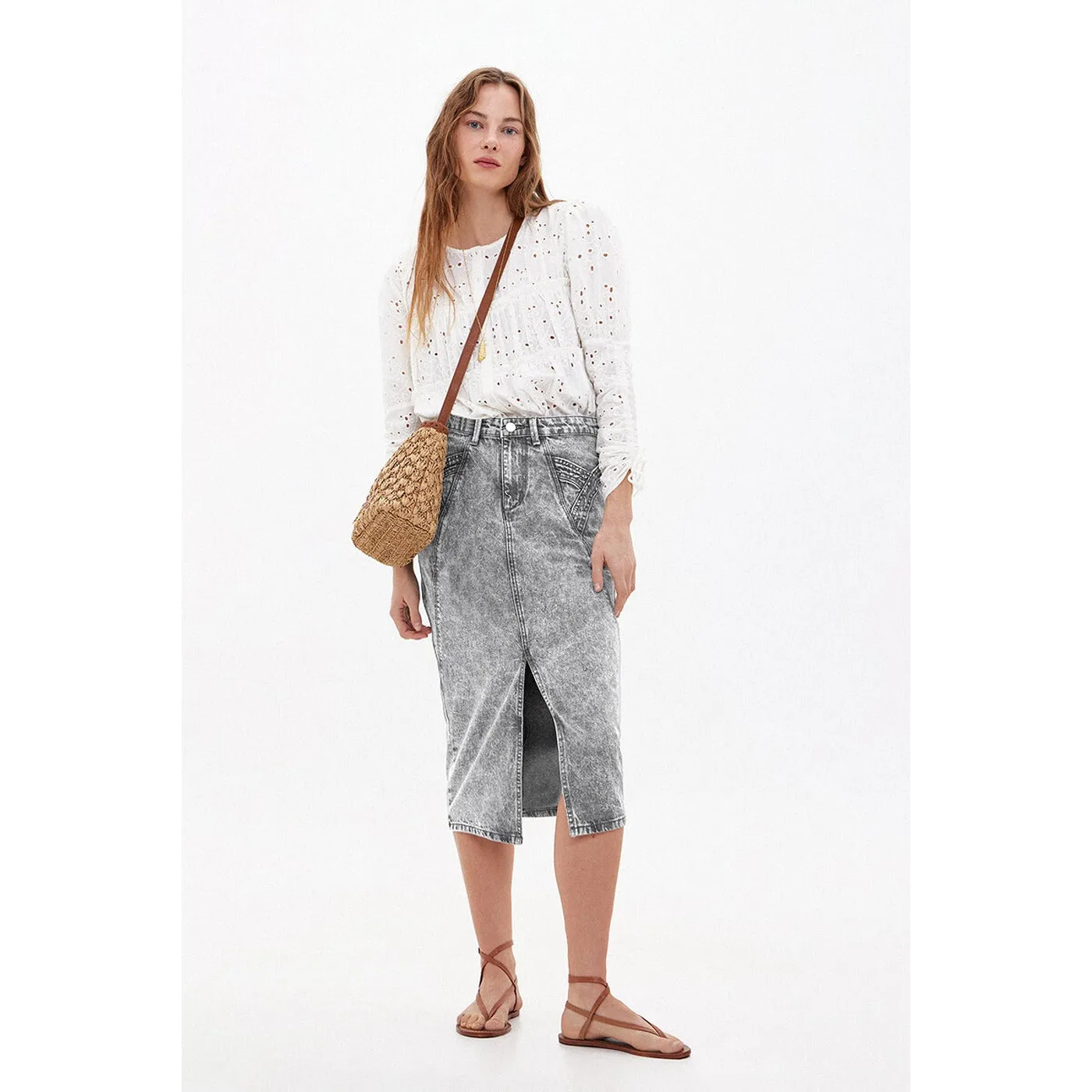 Grey Front Slit Denim Skirt