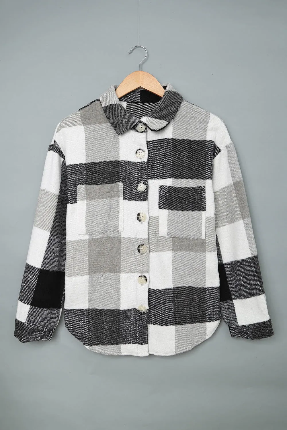 Grey Plaid Color Block Pockets Buttoned Shacket