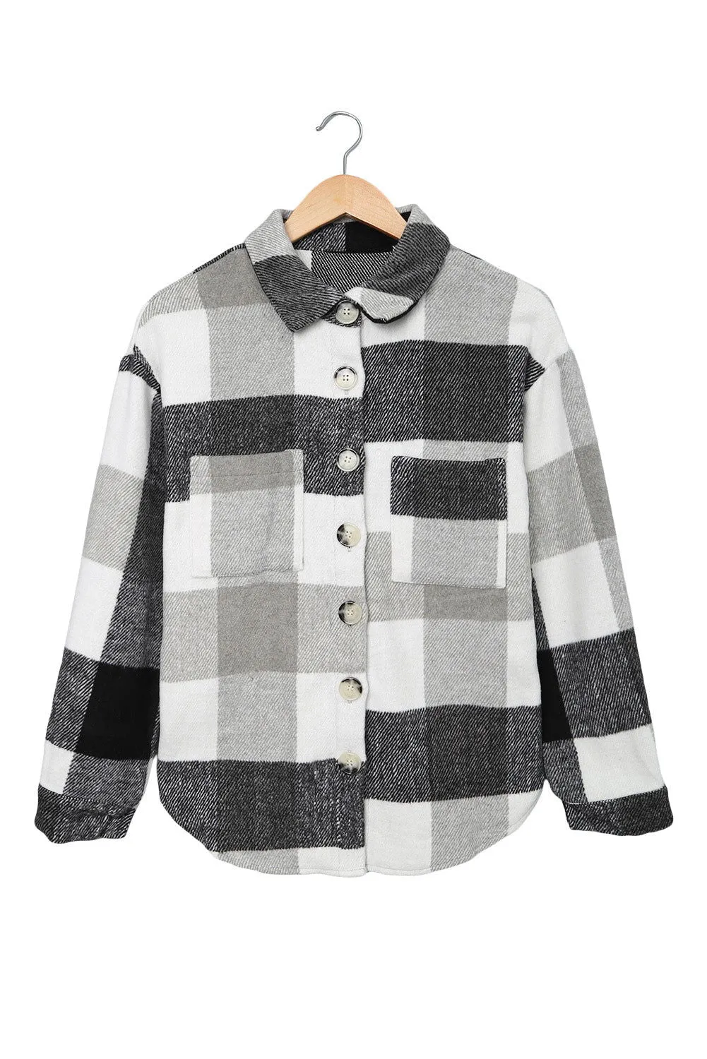 Grey Plaid Color Block Pockets Buttoned Shacket