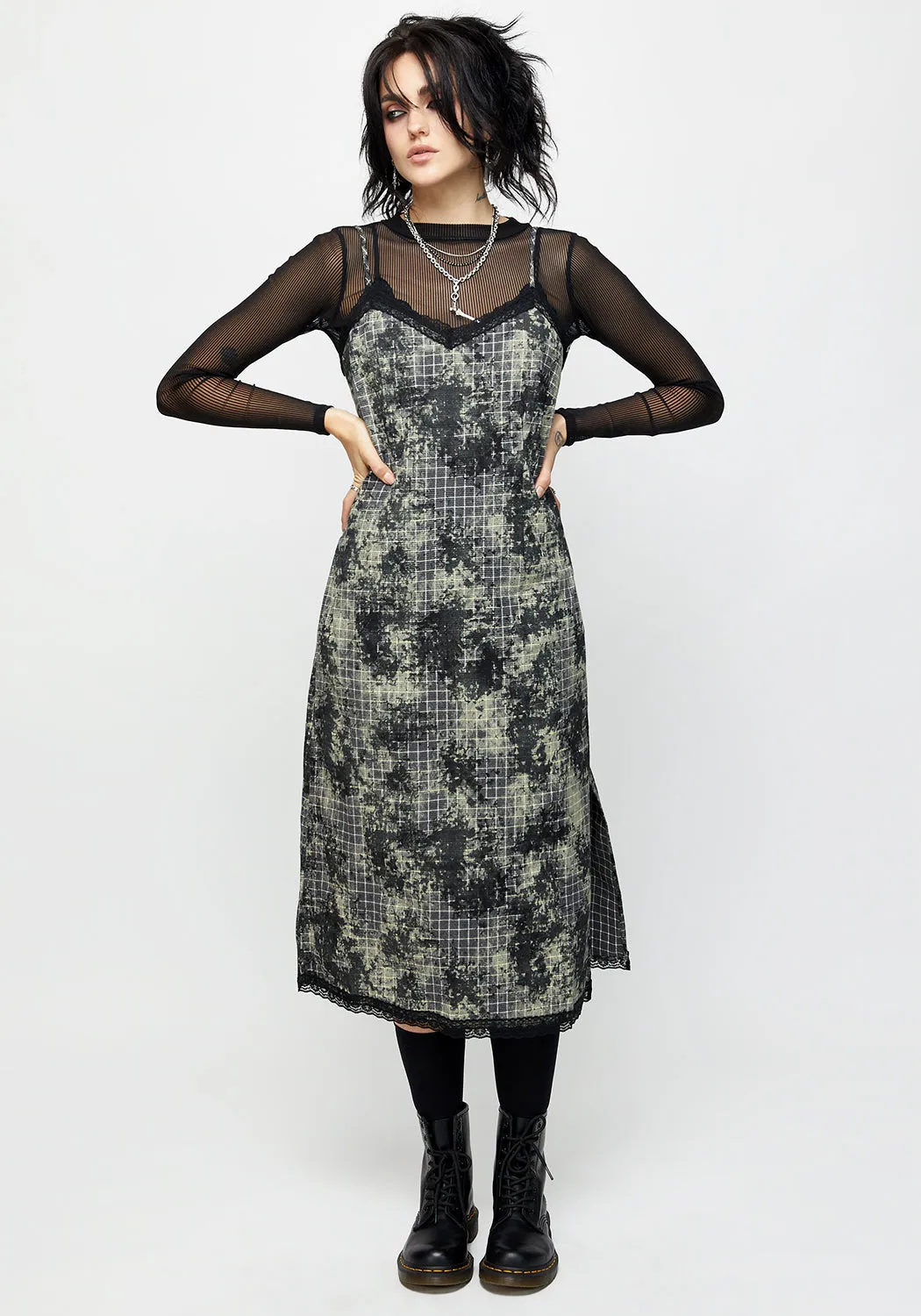 Grime Check Lace Midi Slip Dress