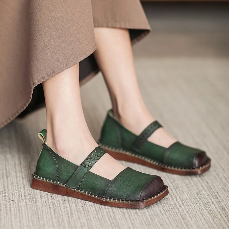 Handmade Genuine Leather loafer Slip On Breathable Mary Jane Shoes Green/Brown