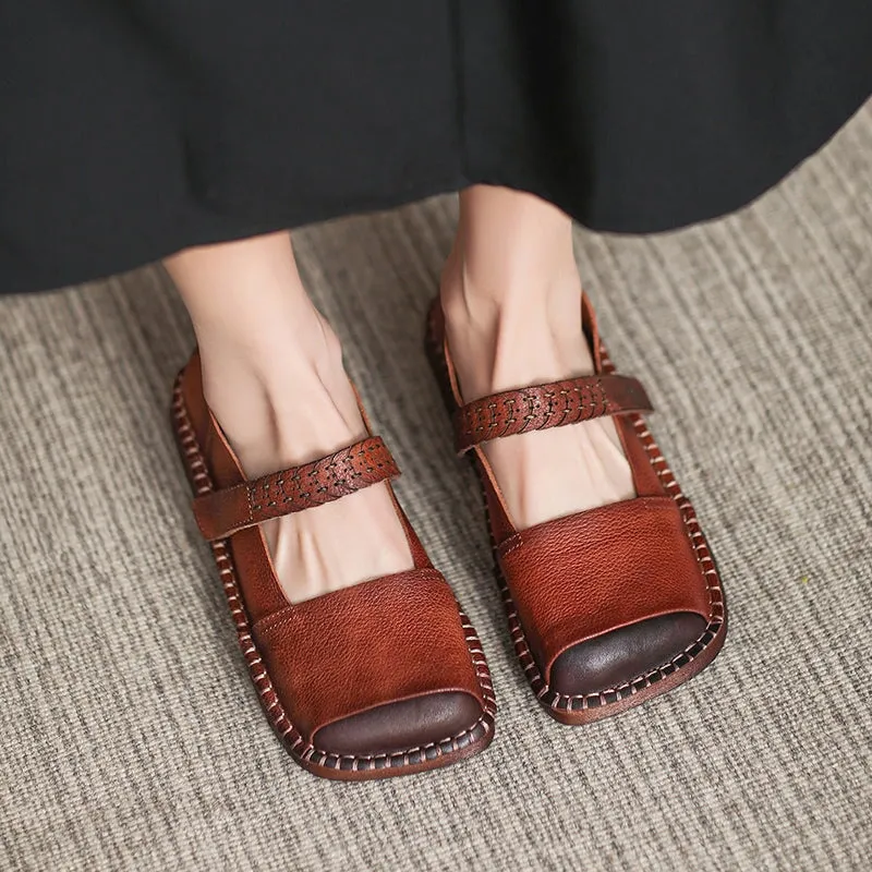 Handmade Genuine Leather loafer Slip On Breathable Mary Jane Shoes Green/Brown