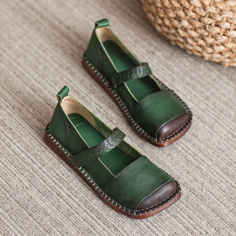 Handmade Genuine Leather loafer Slip On Breathable Mary Jane Shoes Green/Brown