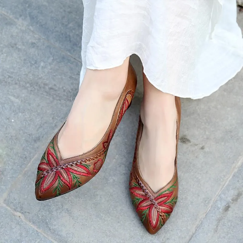 Handmade Genuine Leather Retro Pointed Toe Heels Pumps Women Shoes Block Heels Slip On Office Shoes With Embroidering