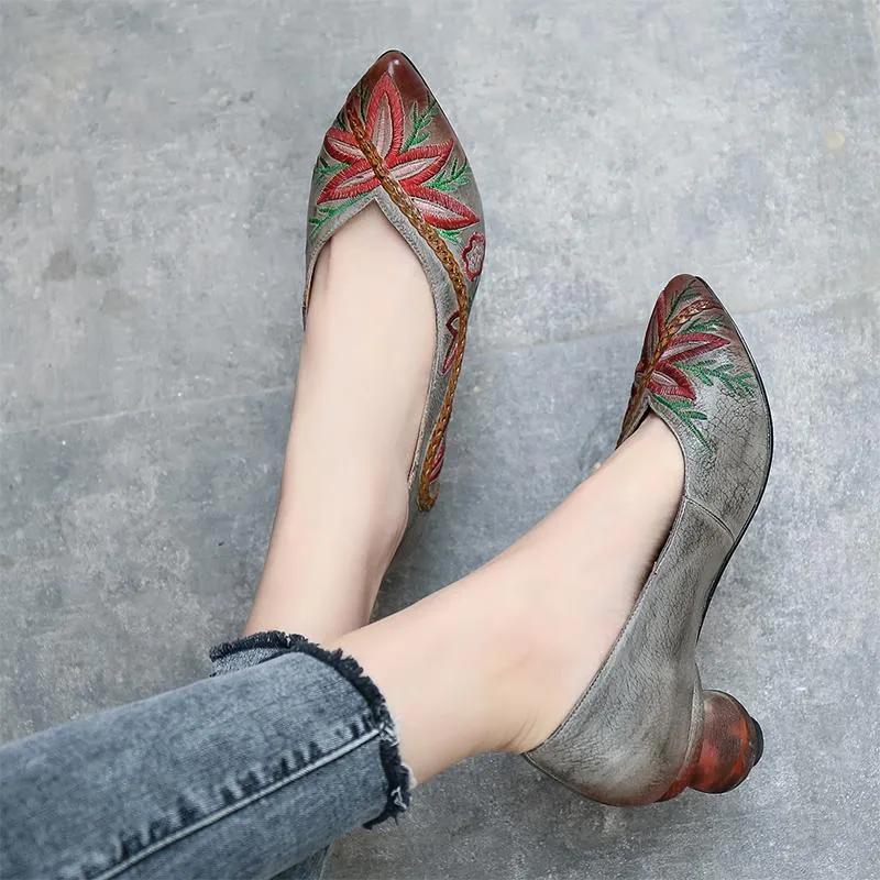 Handmade Genuine Leather Retro Pointed Toe Heels Pumps Women Shoes Block Heels Slip On Office Shoes With Embroidering