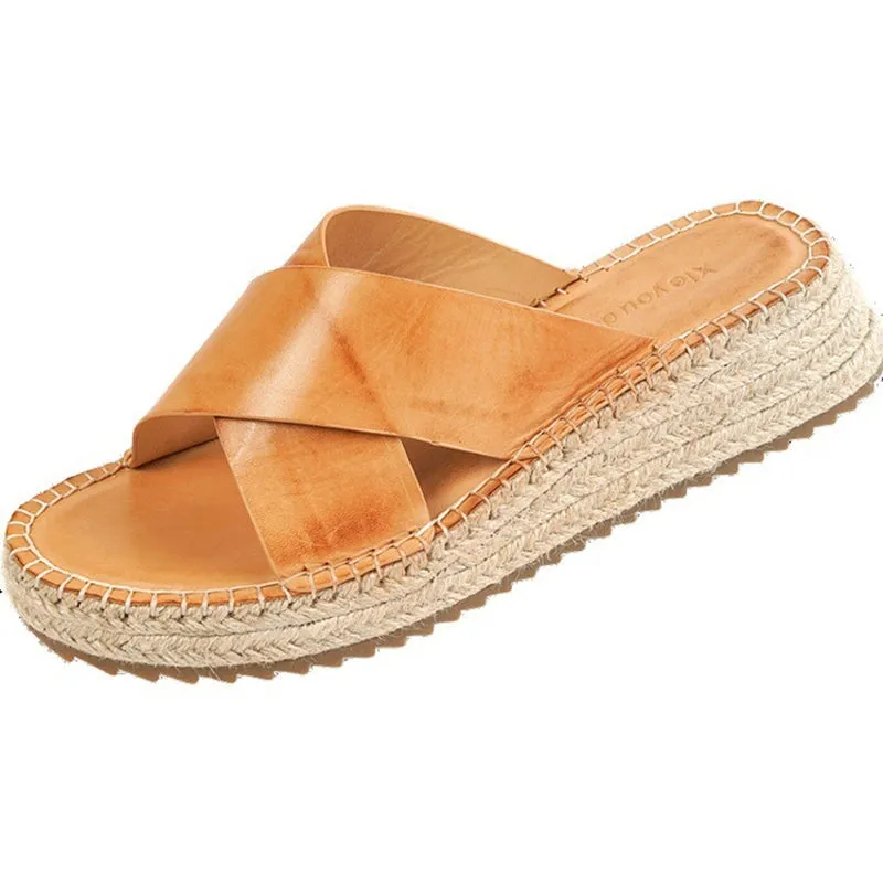 Handmade X Strap Sandals Soft Leather Comfy Casual Slippers in Yellow