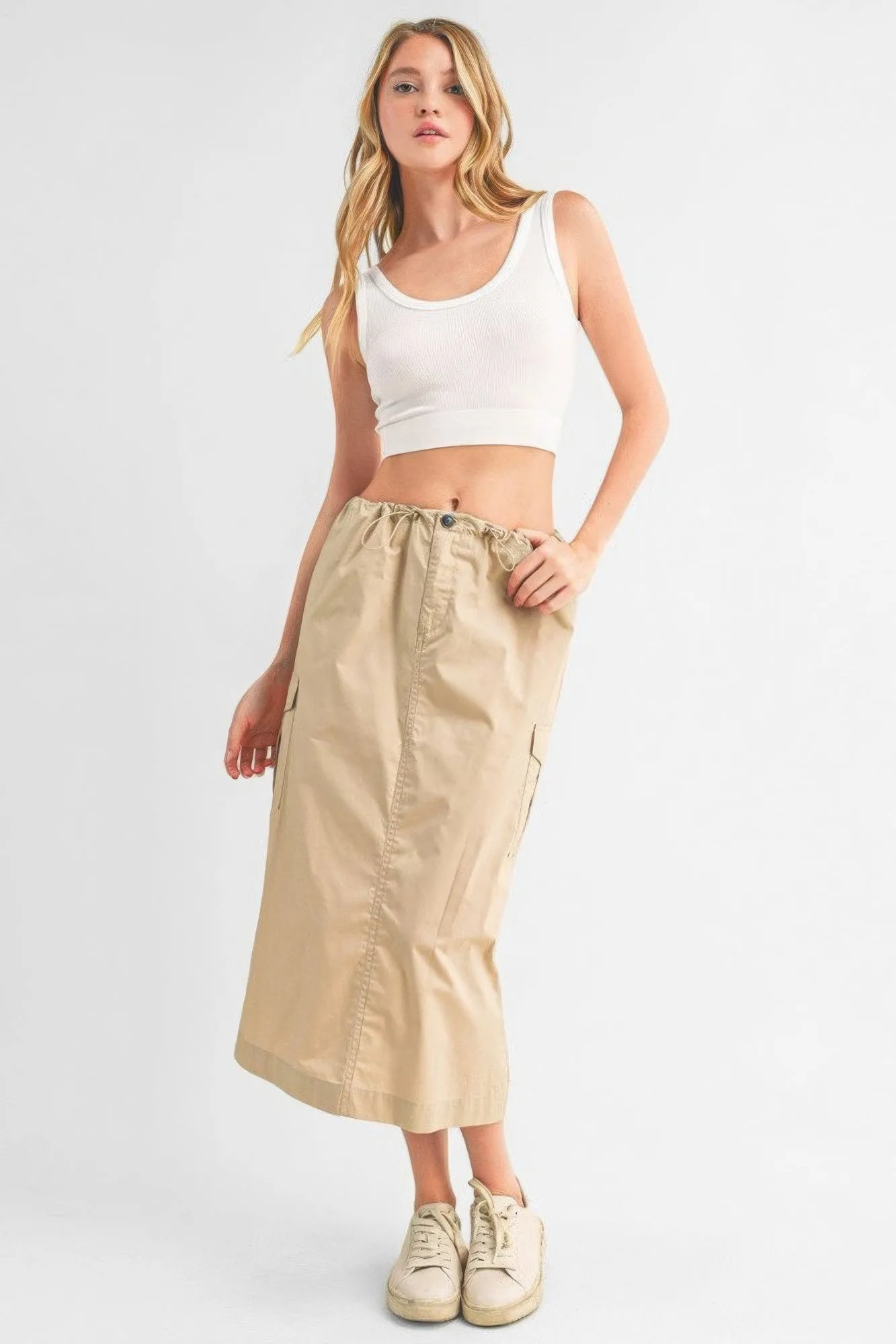 High-Waisted Drawstring Cargo Midi Skirt for Women