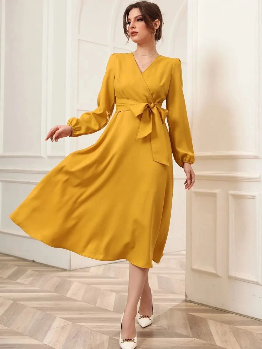 Istyle Can Dress for Women Belted Wrap Dress with Bishop Sleeves Surplice Neck Solid High Waist & Flared Hem Midi Dress for Women | Dresses for Women Long Dresses for Women (X-Large, Mustard)