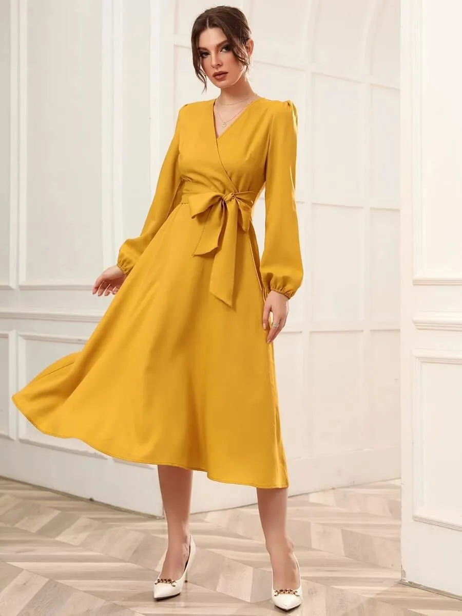 Istyle Can Dress for Women Belted Wrap Dress with Bishop Sleeves Surplice Neck Solid High Waist & Flared Hem Midi Dress for Women | Dresses for Women Long Dresses for Women (X-Large, Mustard)