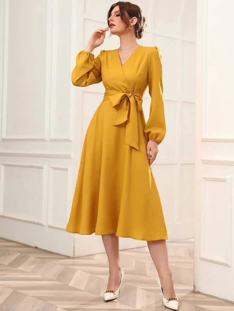 Istyle Can Dress for Women Belted Wrap Dress with Bishop Sleeves Surplice Neck Solid High Waist & Flared Hem Midi Dress for Women | Dresses for Women Long Dresses for Women (X-Large, Mustard)