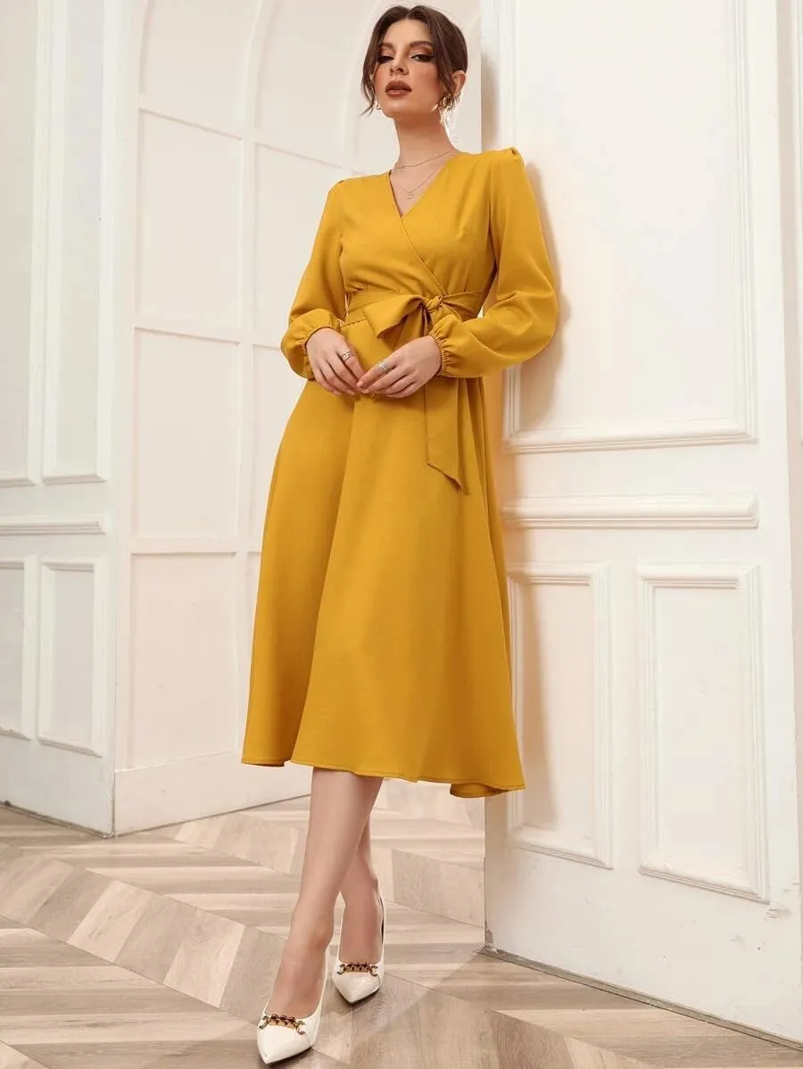 Istyle Can Dress for Women Belted Wrap Dress with Bishop Sleeves Surplice Neck Solid High Waist & Flared Hem Midi Dress for Women | Dresses for Women Long Dresses for Women (X-Large, Mustard)