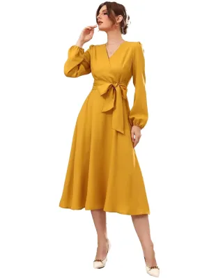 Istyle Can Dress for Women Belted Wrap Dress with Bishop Sleeves Surplice Neck Solid High Waist & Flared Hem Midi Dress for Women | Dresses for Women Long Dresses for Women (X-Large, Mustard)