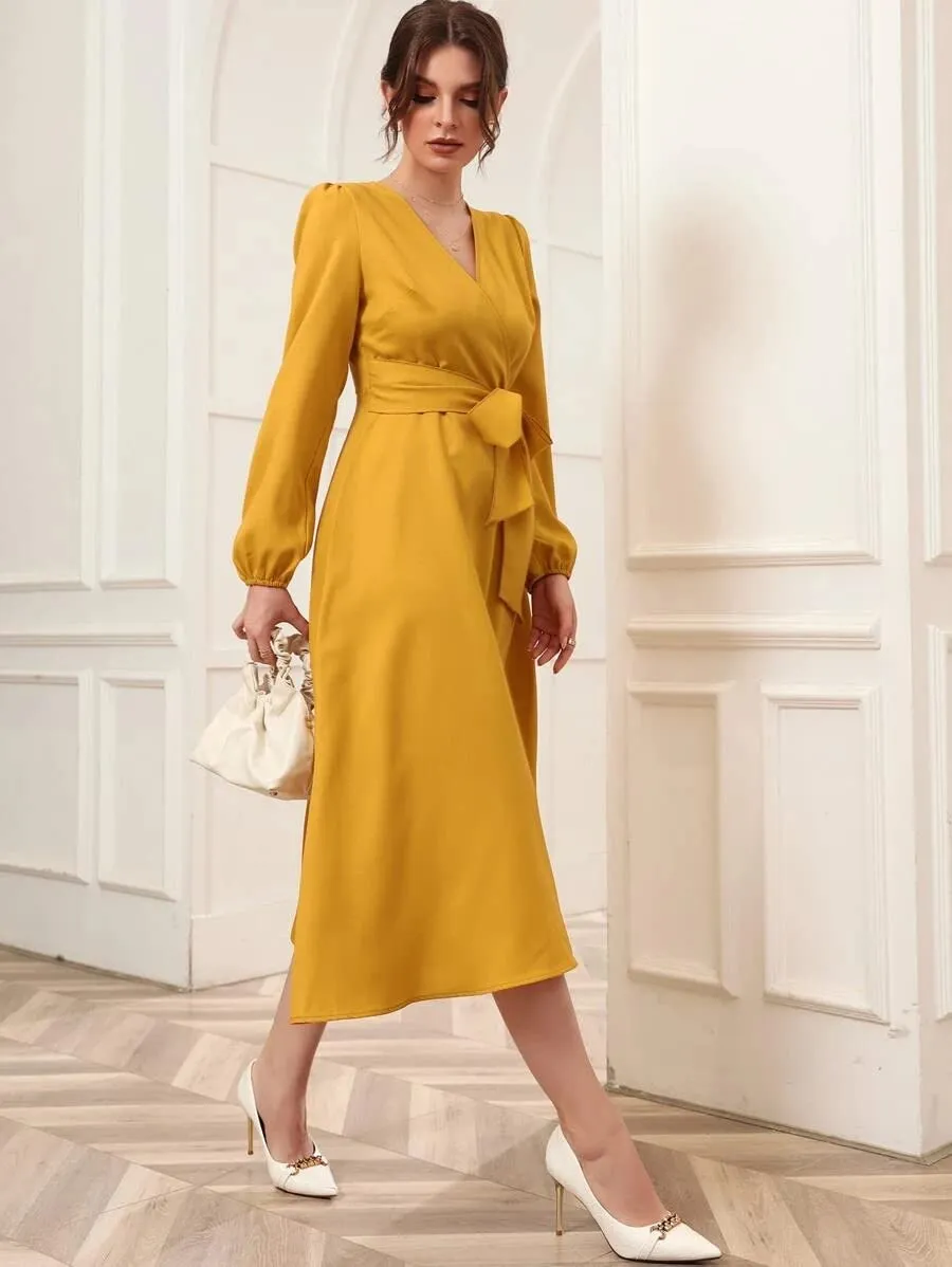 Istyle Can Dress for Women Belted Wrap Dress with Bishop Sleeves Surplice Neck Solid High Waist & Flared Hem Midi Dress for Women | Dresses for Women Long Dresses for Women (X-Large, Mustard)