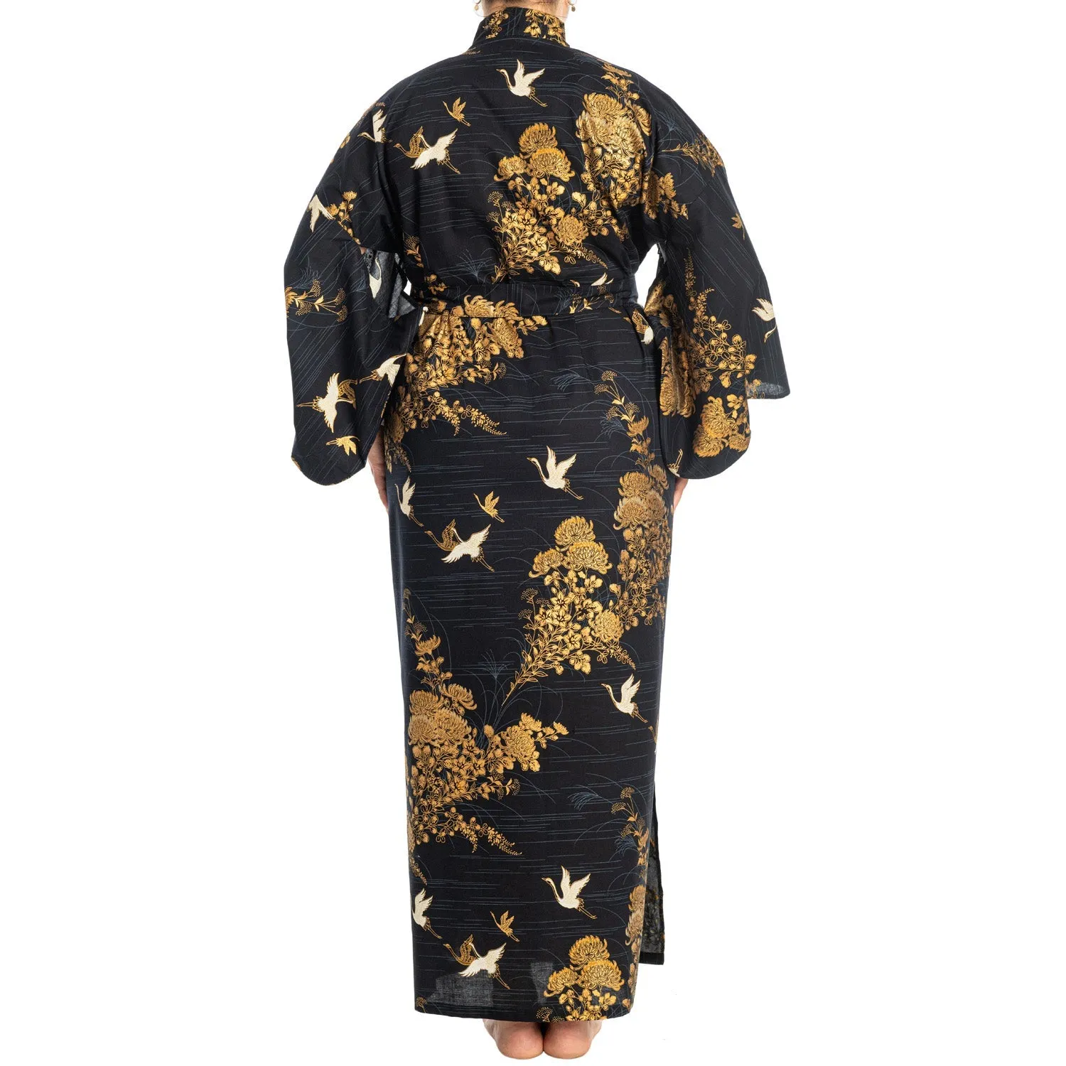 Japanese Kimono Crane Print Long Navy XL