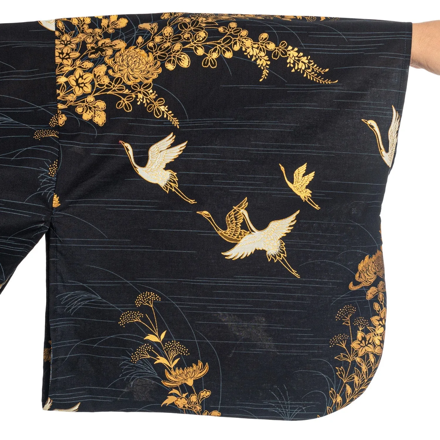 Japanese Kimono Crane Print Long Navy XL