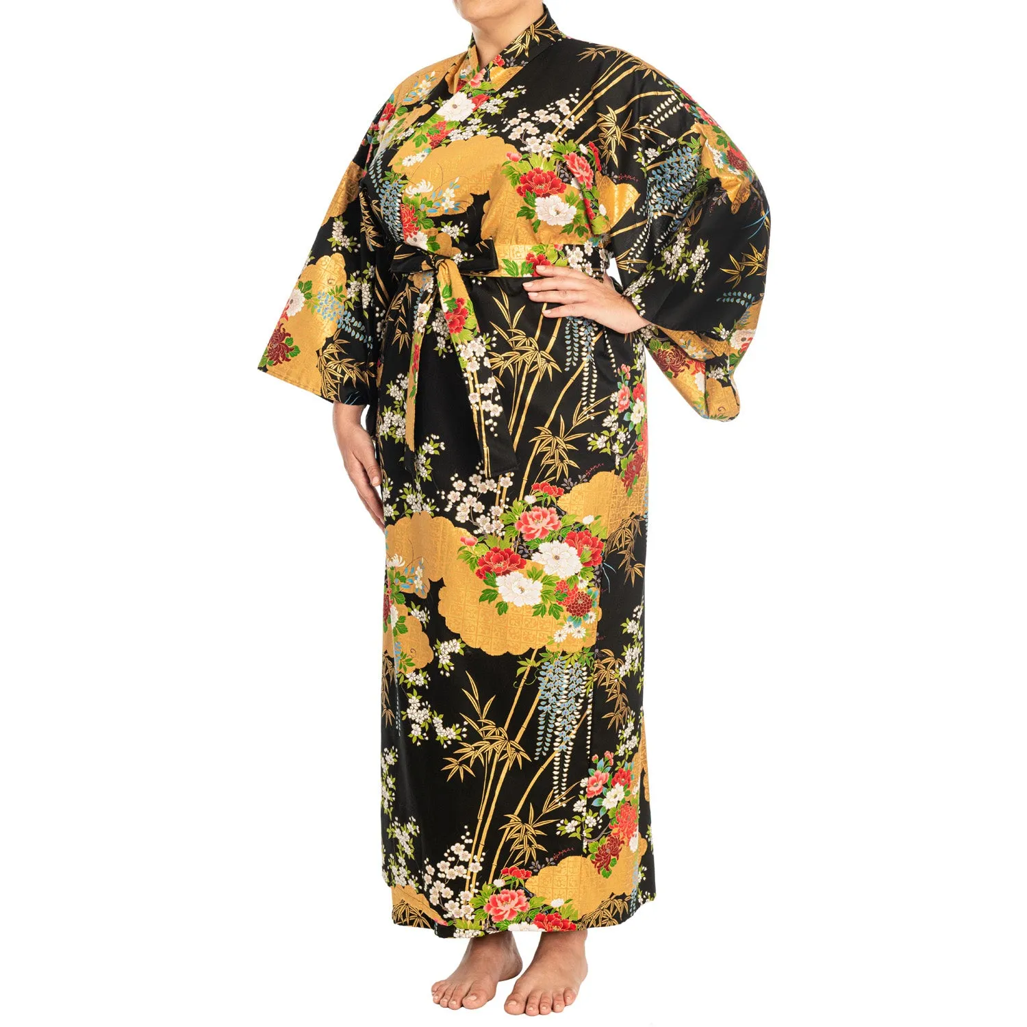 Japanese Kimono Floral Print Long Black XL