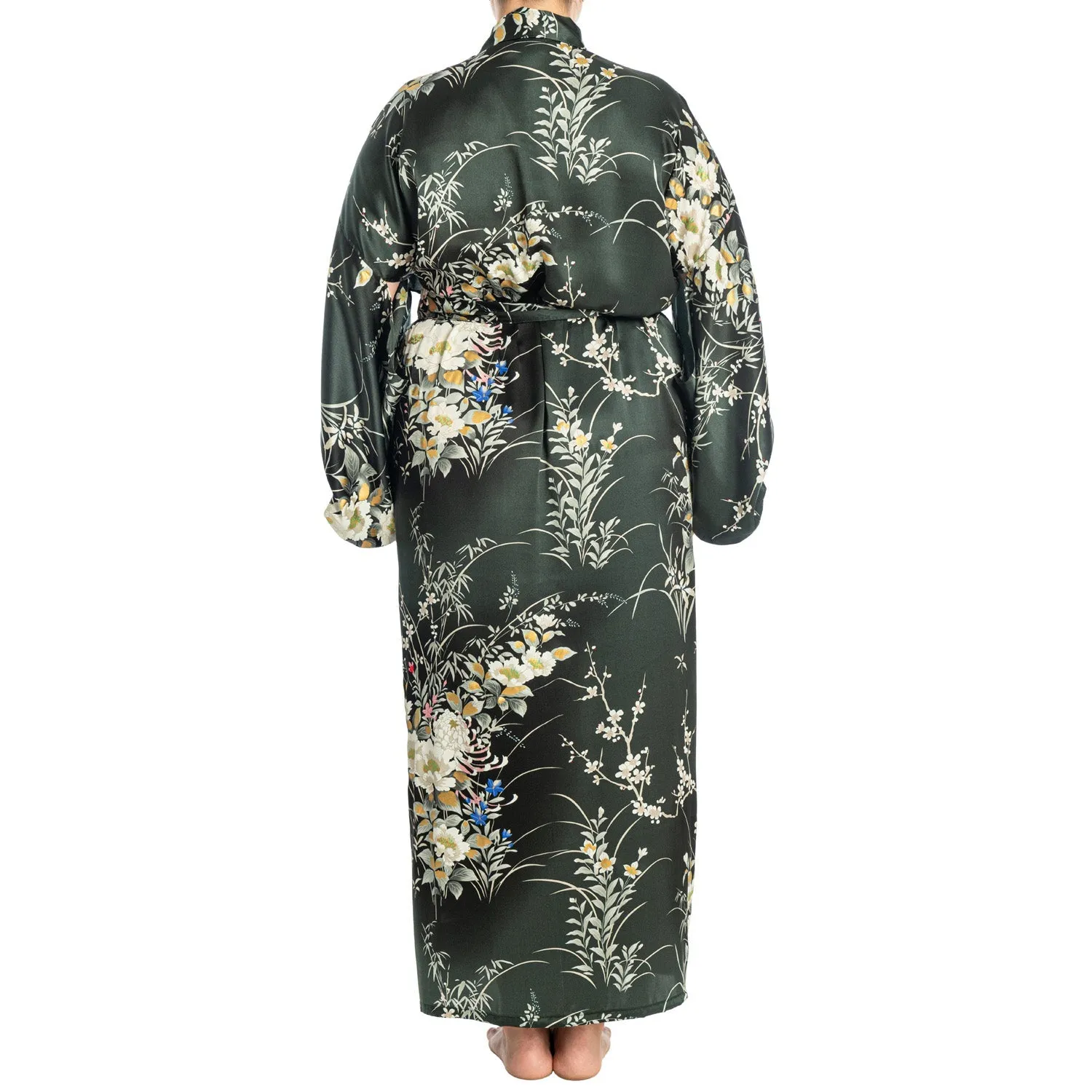 Japanese Silk Kimono Floral Print Long Black XL