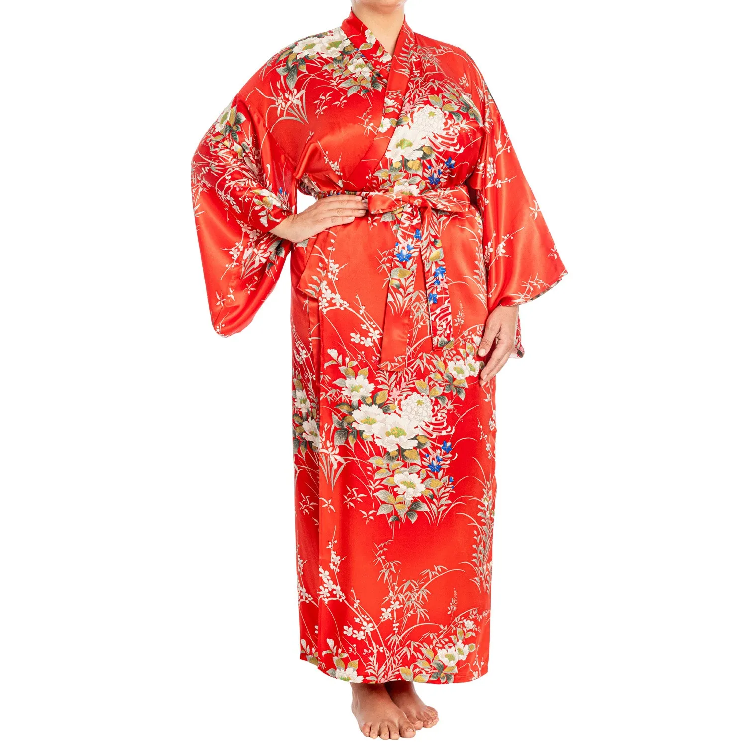 Japanese Silk Kimono Floral Print Long Red XL