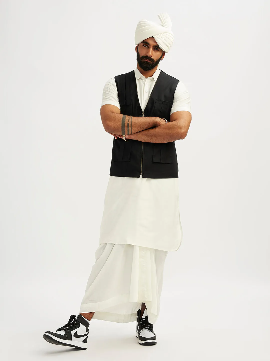 Jashvi Men's White Viscose Kurta, Lungi,Safa And Shacket Set